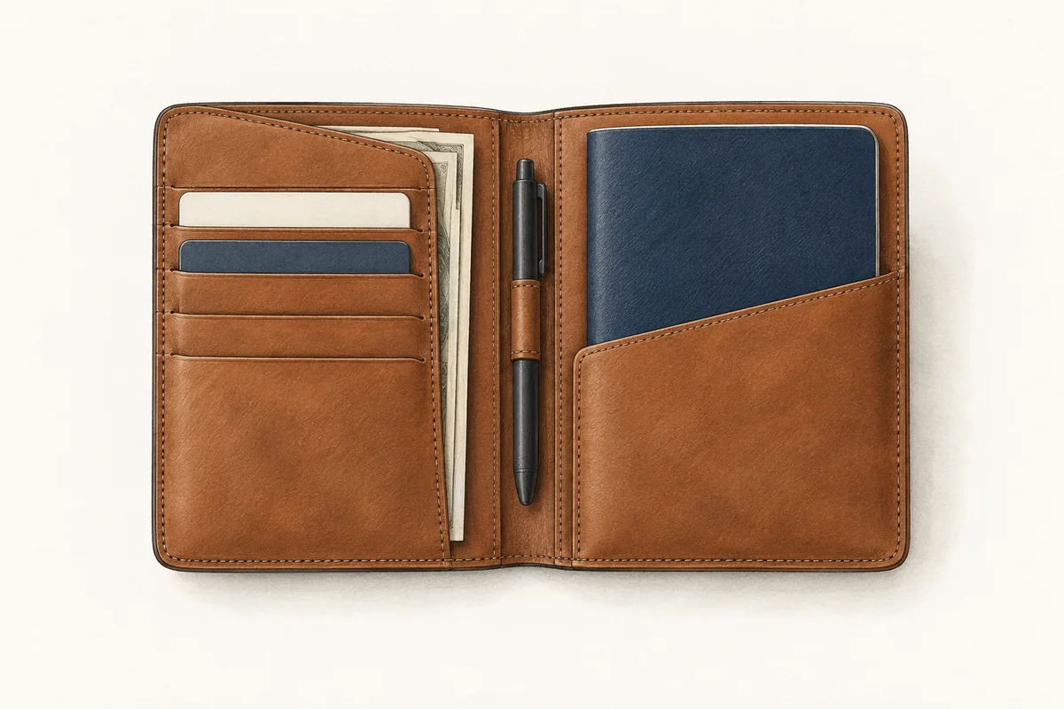 Illustration of an open brown leather passport wallet with a small pen
